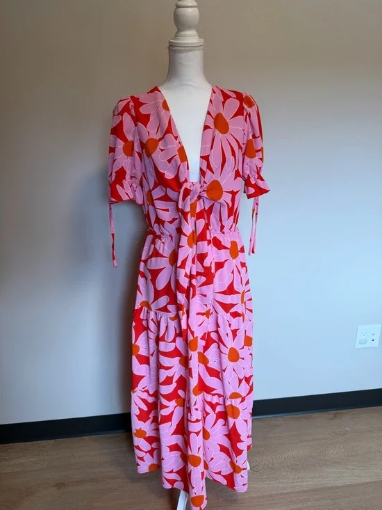 Pink Floral Tie-Front Maxi  Dress women’s large - Picture 7 of 7